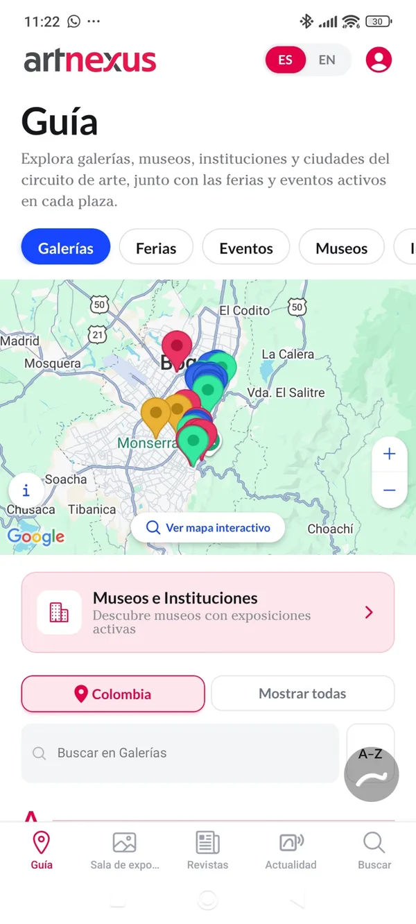 Guía de artnexus en la app móvil: mapa interactivo de galerías, ferias y museos
